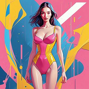Confident Woman in Colorful Swimsuit Art