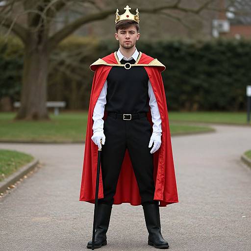 Young Man in Royal Costume with Red Cape and Crown Outdoors