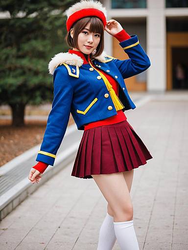 Woman in Military-Inspired Blue Jacket and Red Skirt with Beret