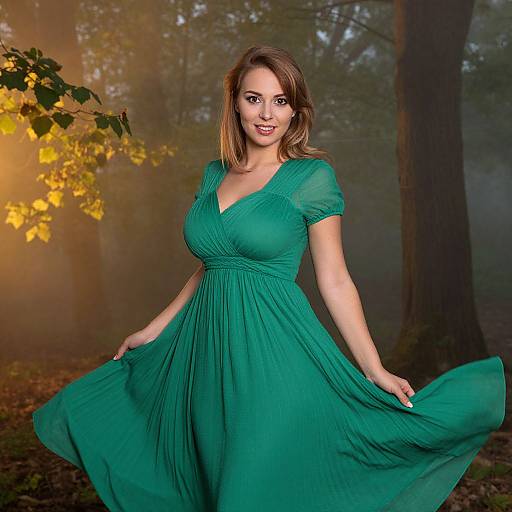 Woman in Green Dress Posing Gracefully in Autumn Forest