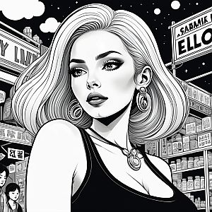 Confident Woman in Urban Setting - Black and White Illustration