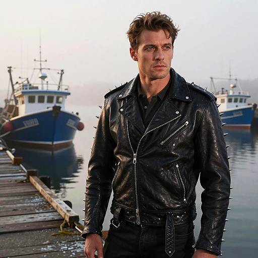 Young Man in Spiked Leather Jacket by Harbor Fishing Boats
