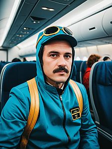 Man in Airliner Costume Cosplay Festival Portrait on Airplane
