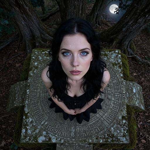 Mystical Woman with Blue Eyes Standing on Rune-Engraved Stone Under Full Moon