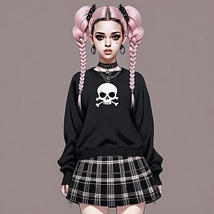 Young Woman in Black Sweater and Plaid Skirt - Modern Gothic Anime Style
