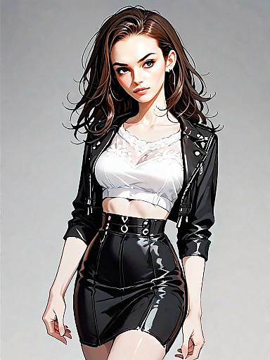 Fashionable Young Woman in Black Leather Jacket and Skirt Digital Artwork