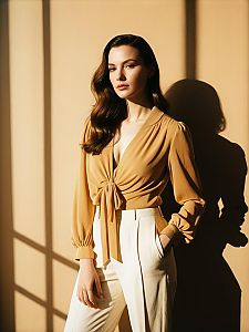 Woman in Contemporary Chic Soft Pink Blouse with Knot Detail and White Trousers