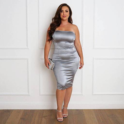 Woman in Silver Satin Strapless Dress with Matching Clutch and Heels