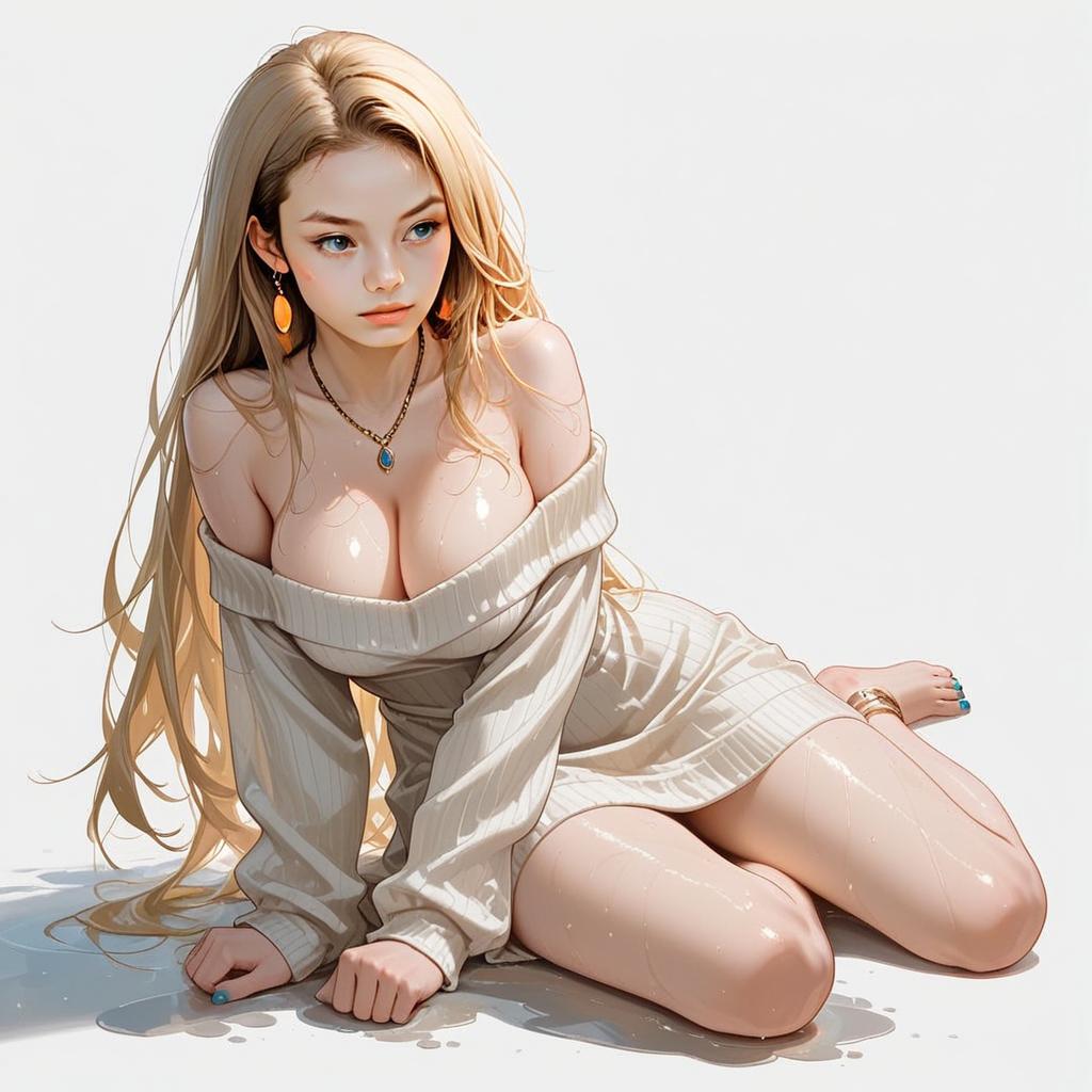 Realistic Digital Illustration of Blonde Woman in Knit Dress