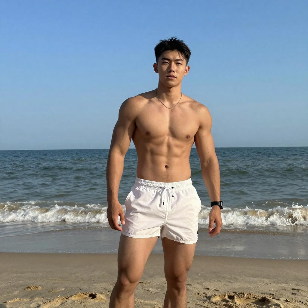 Fit Young Man in White Swim Shorts on Beach by Ocean