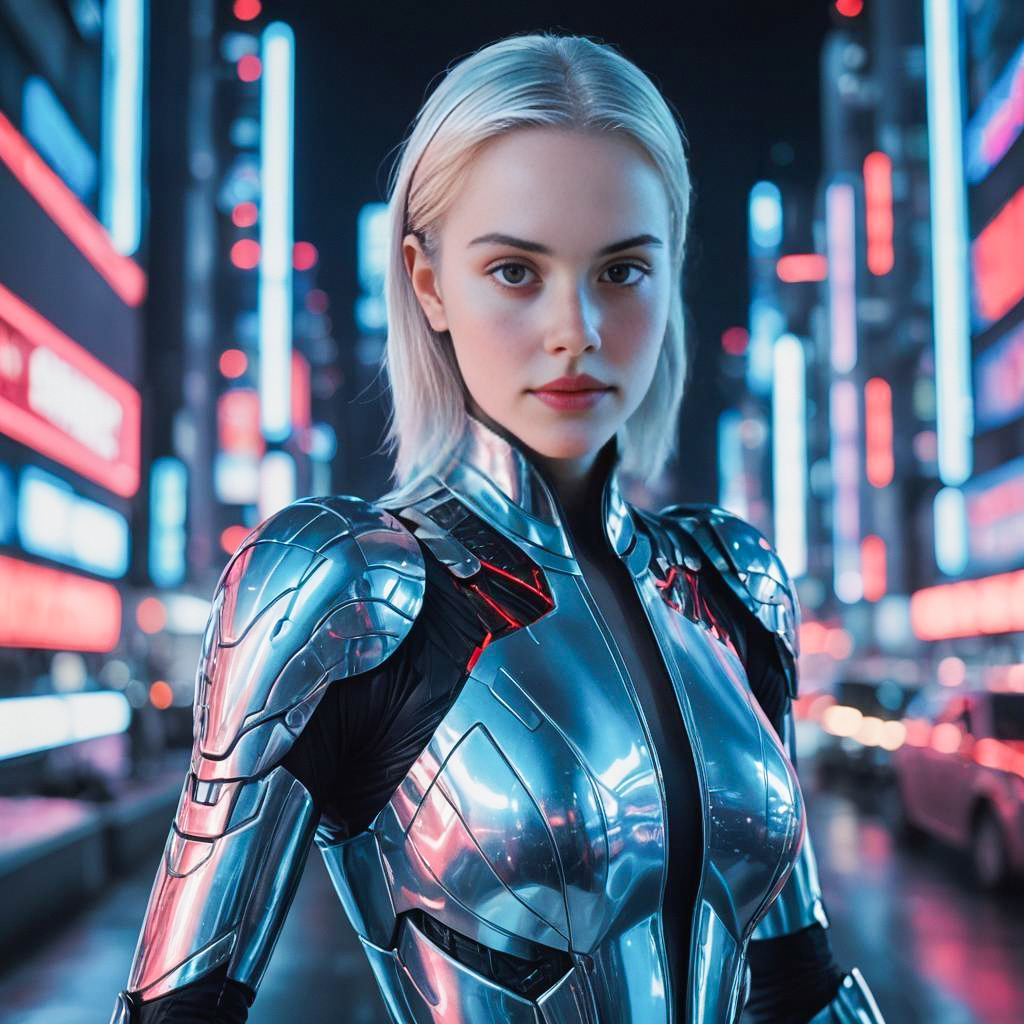 Confident Woman in Futuristic Armor in Neon Urban Scene