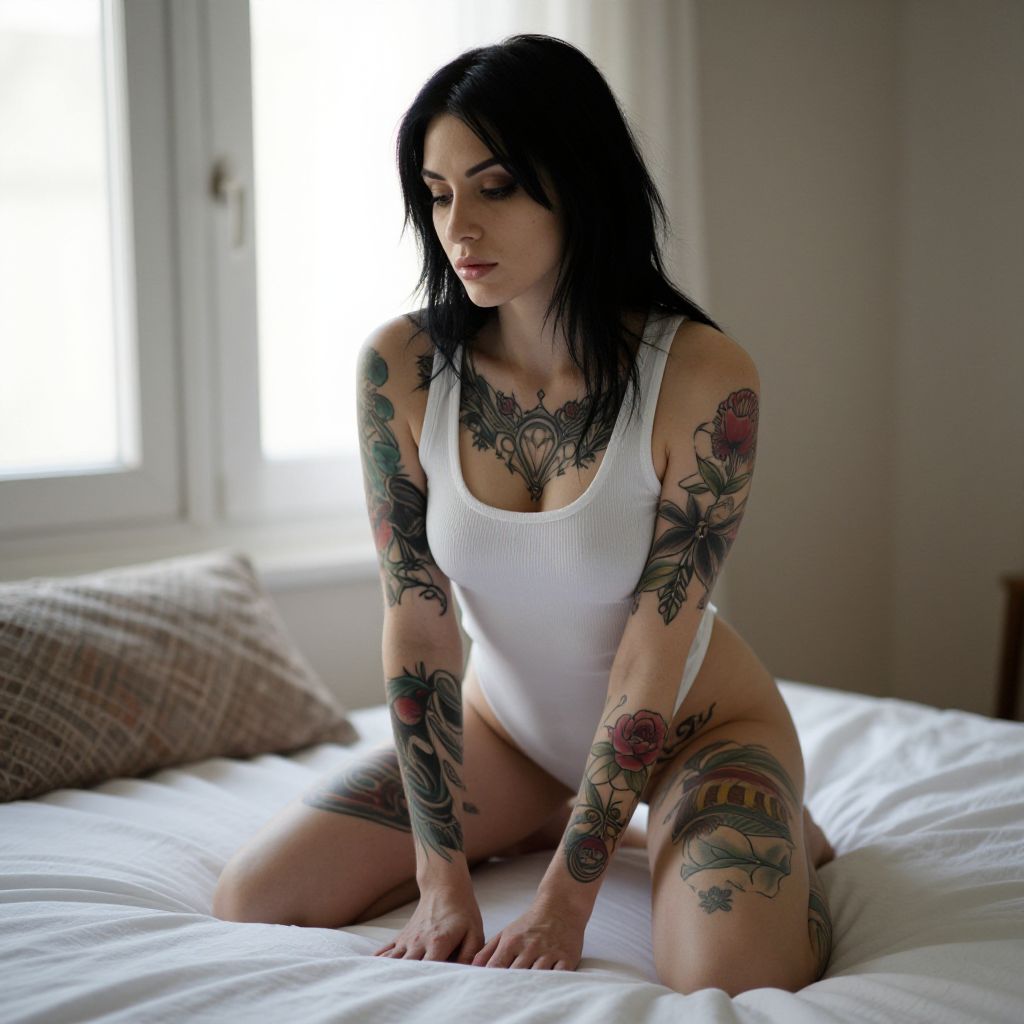 Tattooed Woman in White Bodysuit Kneeling on Bed