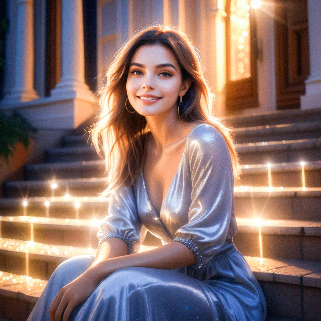 Radiant Woman in Silver Gown on Staircase