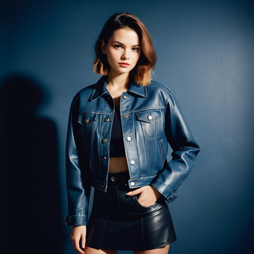 Stylish Young Woman in Blue Leather Jacket and Black Mini Skirt