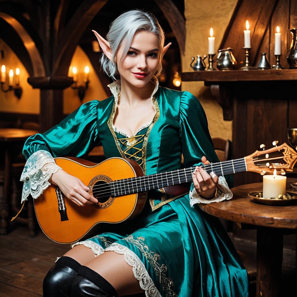 Fantasy Elf Woman in Medieval Dress Playing Guitar in Candlelit Tavern