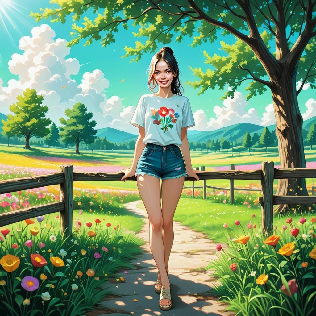 Young Woman by Wooden Fence in Sunlit Countryside