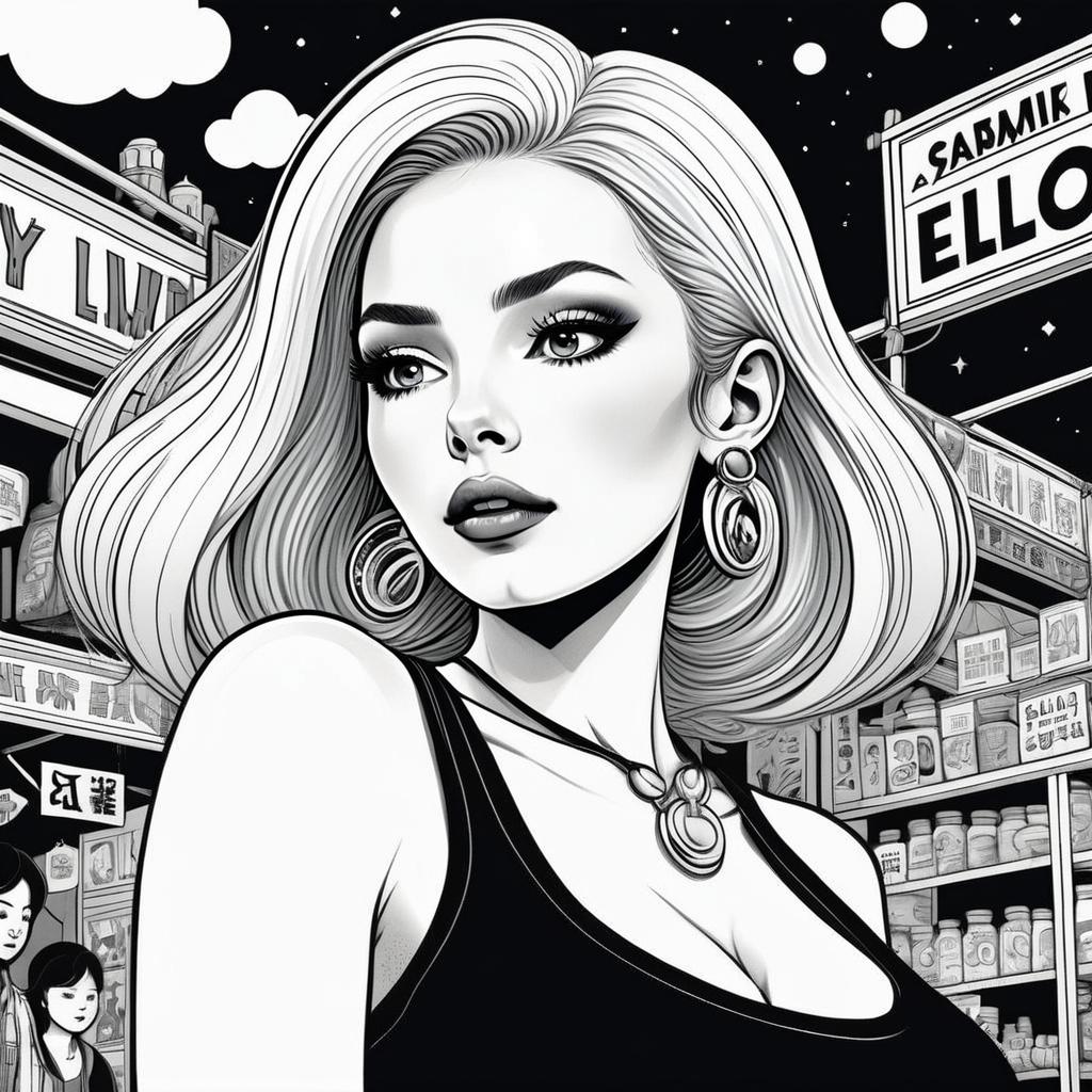 Confident Woman in Urban Setting - Black and White Illustration