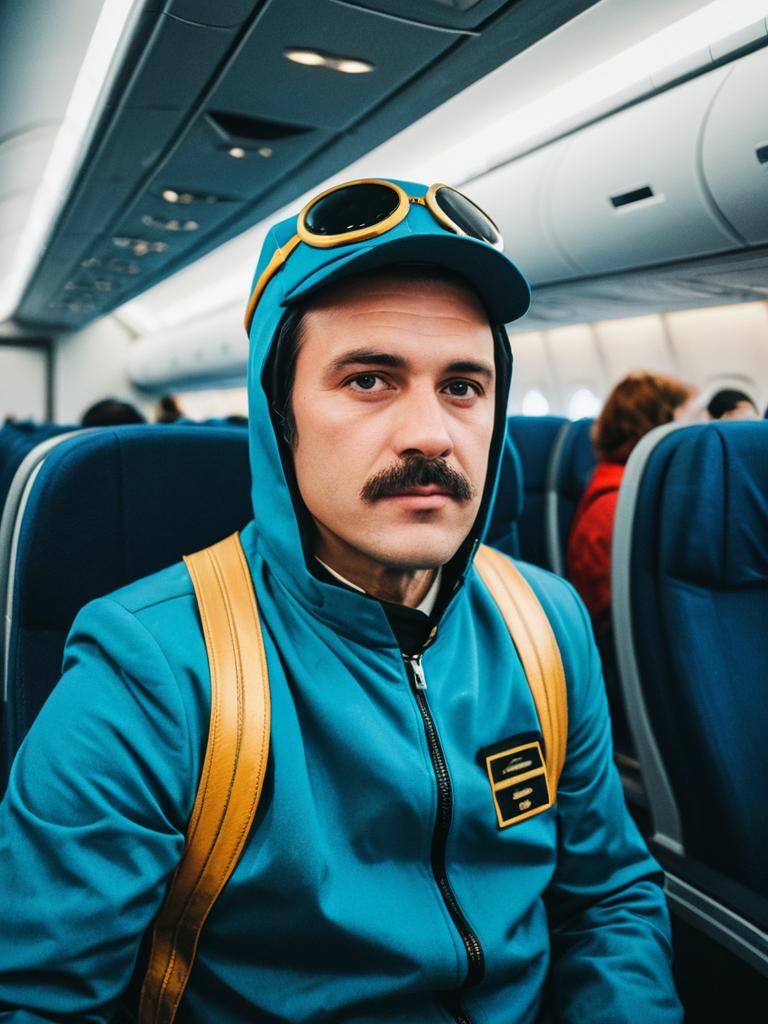 Man in Airliner Costume Cosplay Festival Portrait on Airplane