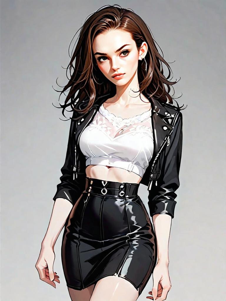 Fashionable Young Woman in Black Leather Jacket and Skirt Digital Artwork