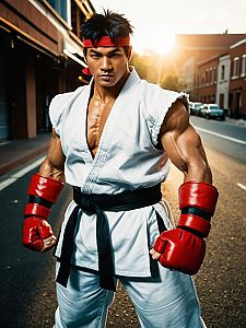 Realistic Ryu Street Fighter Costume Cosplay by Muscular Man on Urban Street