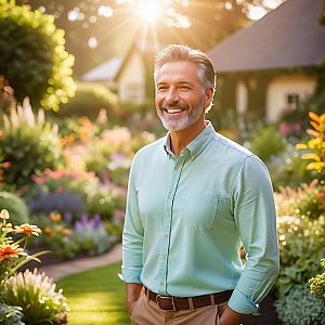 Cheerful Man in Lush Garden at Golden Hour