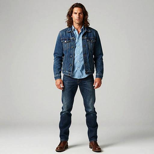 Man Wearing Classic Denim Jacket and Jeans Outfit with Brown Boots