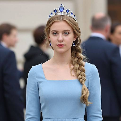 Young Woman Wearing Blue Gown and Gemstone Tiara with Braided Hair
