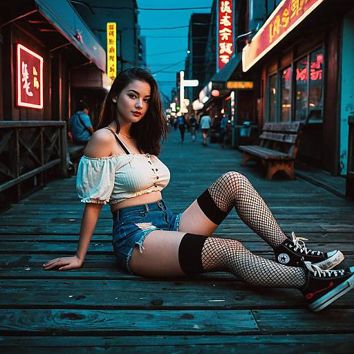 Young Woman in Trendy Outfit on Neon-Lit Urban Boardwalk