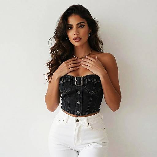 Stylish Woman Wearing Black Denim Strapless Top and White Jeans