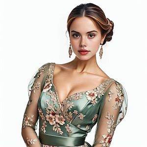 Elegant Woman in Satin Dress with Floral Embroidery