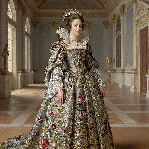 Elegant 17th Century Woman in Ornate Baroque Dress in Grand Hall