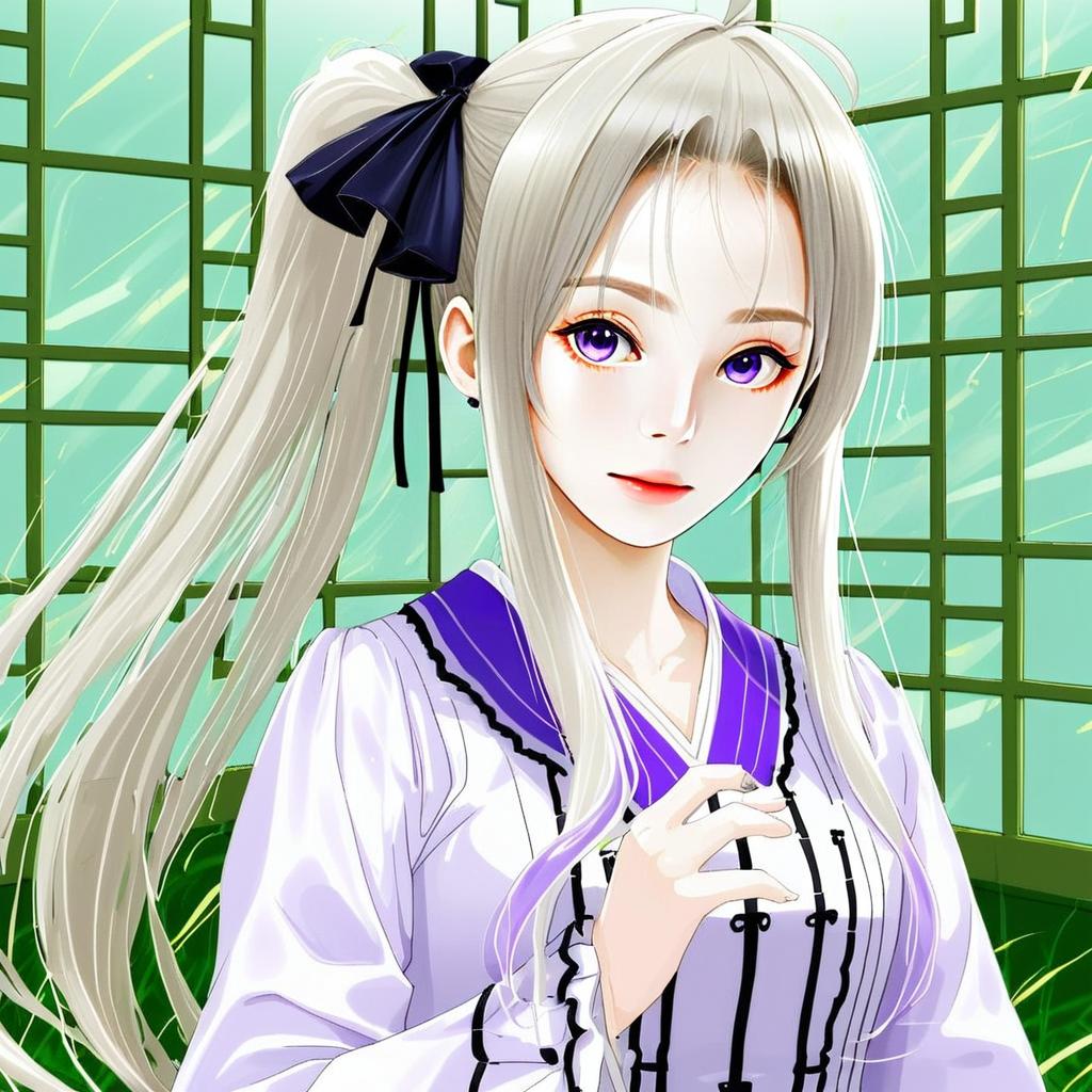 Anime Portrait of Silver-Haired Woman with Purple Eyes in Purple and White Outfit