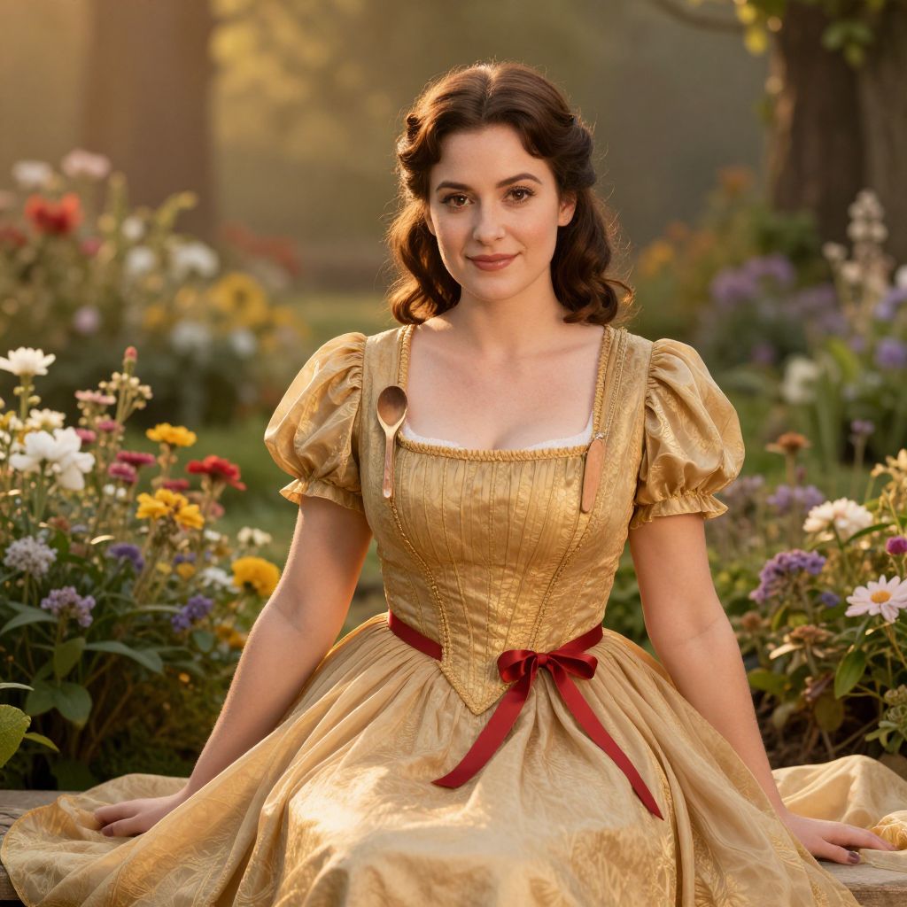 Elegant Woman in Vintage Golden Dress Sitting in Flower Garden
