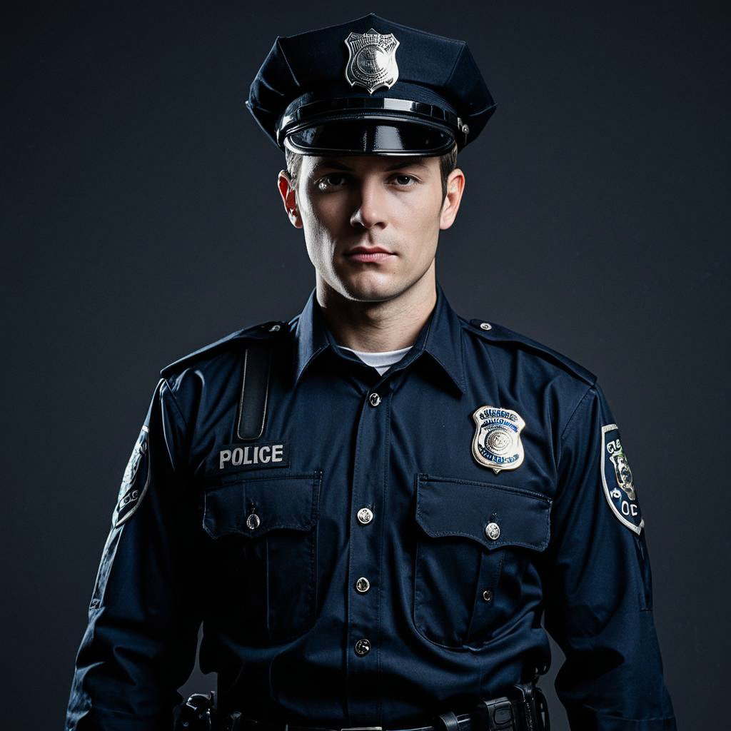 Serious Young Police Officer in Dark Uniform Serious Young Police Officer in Dark Uniform