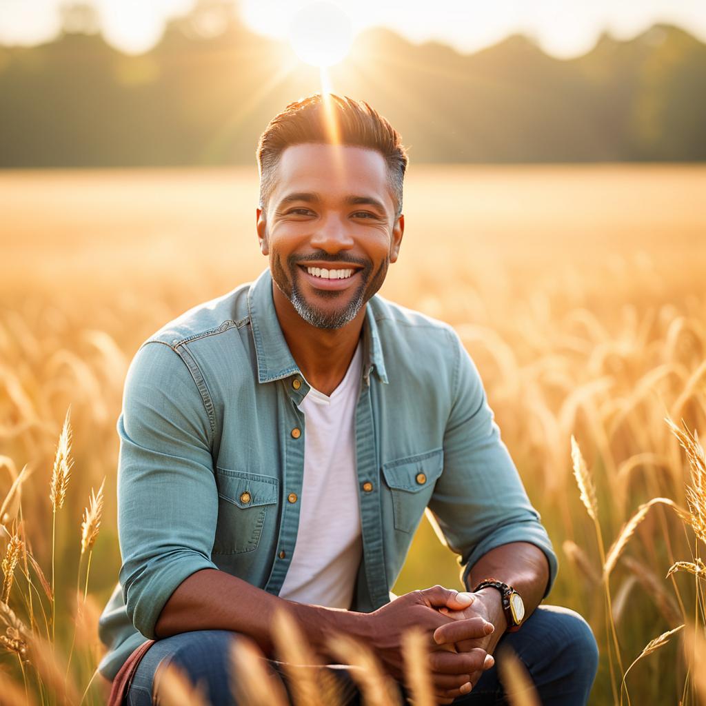 Cheerful man in wheat field during golden hour