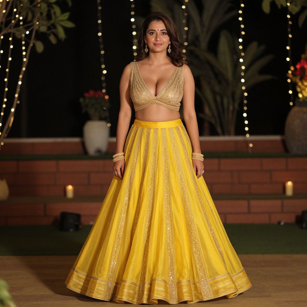 Woman in Yellow Embroidered Lehenga with Golden Sequin Blouse at Festive Evening