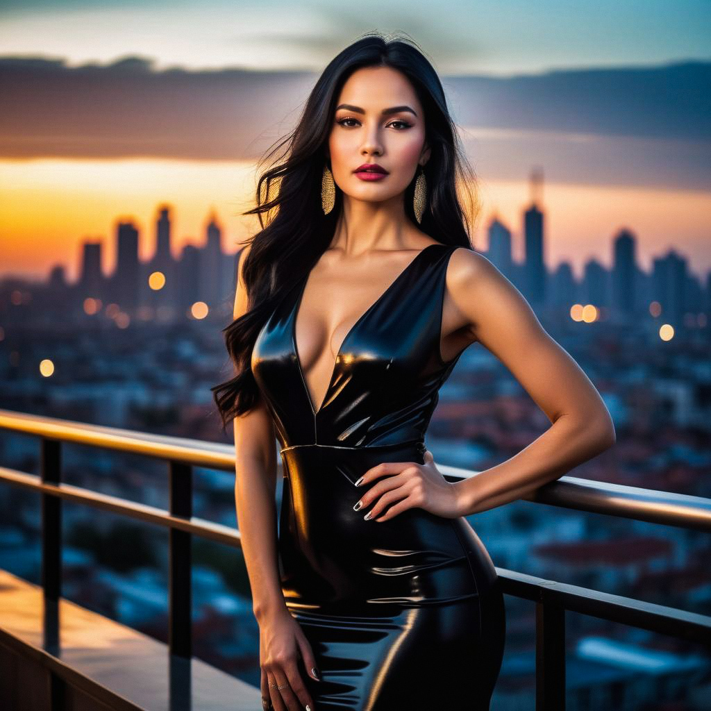 Confident Woman in Black Leather Dress at Sunset on Rooftop