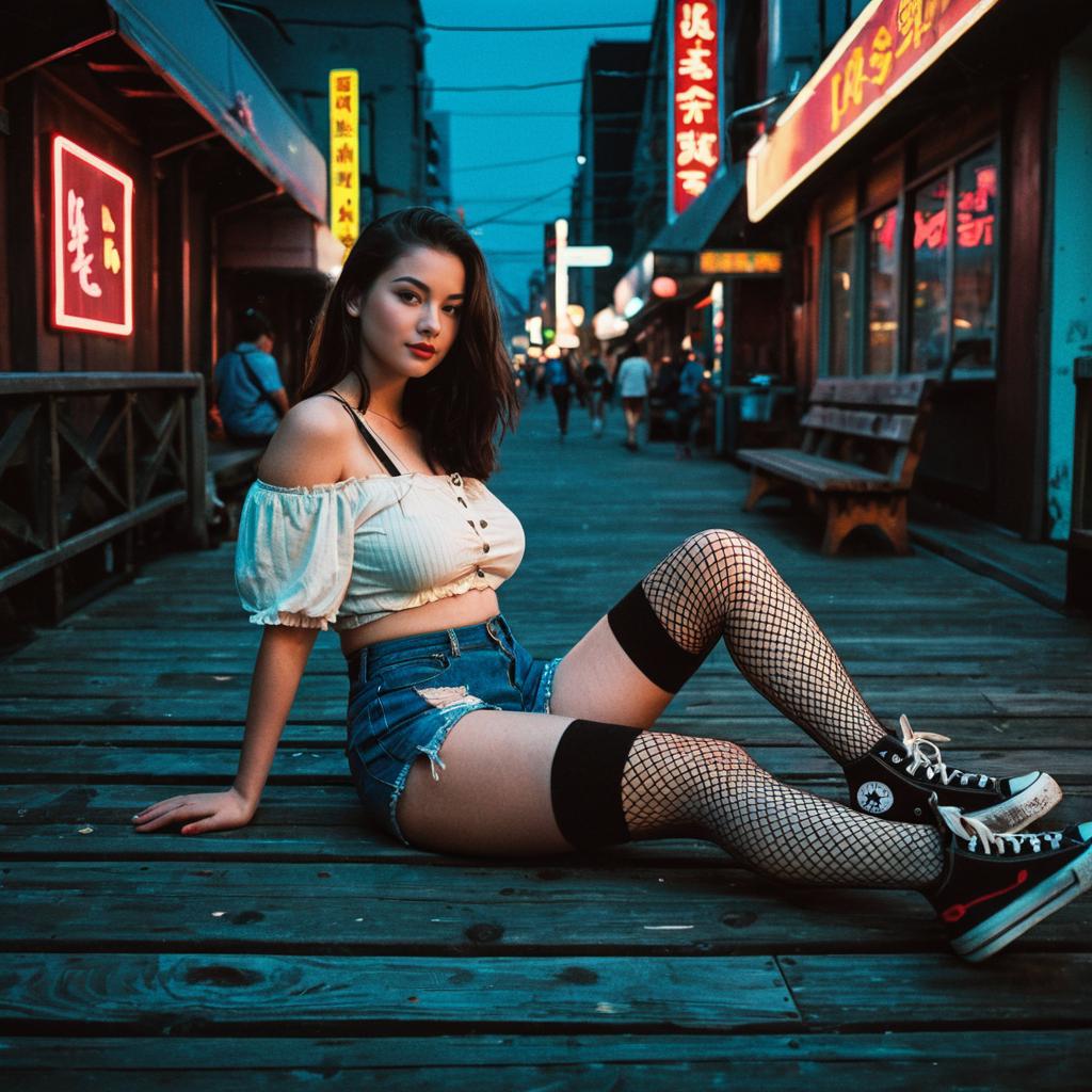 Young Woman in Trendy Outfit on Neon-Lit Urban Boardwalk