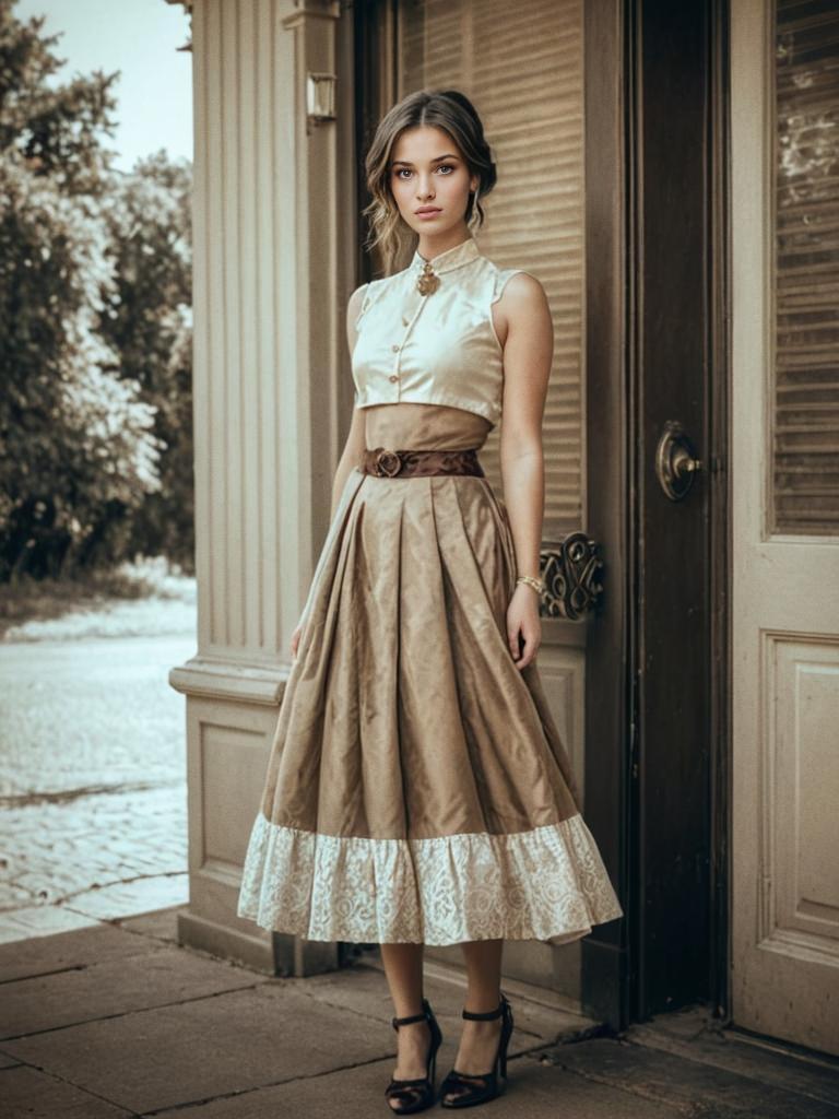 Elegant Woman in Vintage Outfit at Ornate Doorway