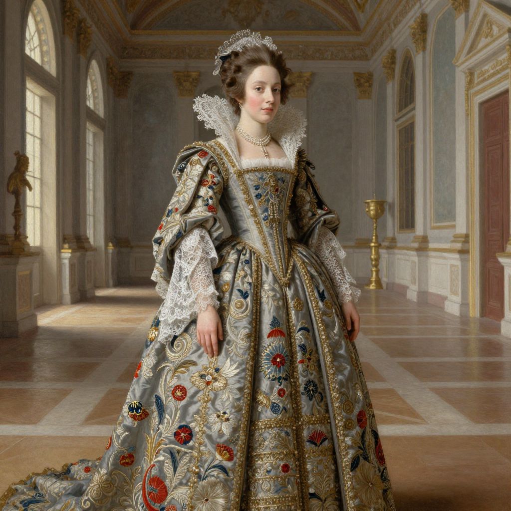 Elegant 17th Century Woman in Ornate Baroque Dress in Grand Hall