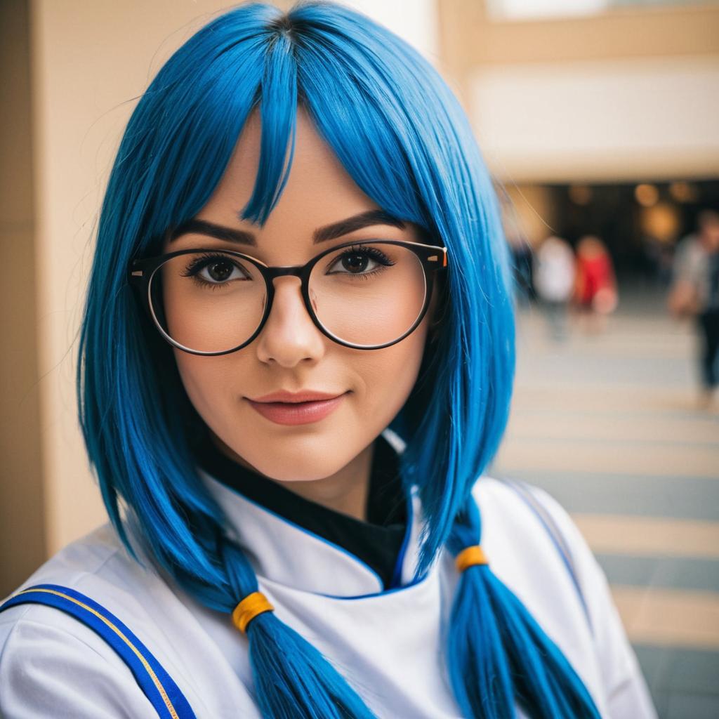 Young Woman with Blue Hair and Glasses in Modern Urban Setting