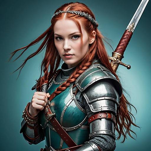 Red-Haired Woman Warrior in Detailed Medieval Armor Holding Sword