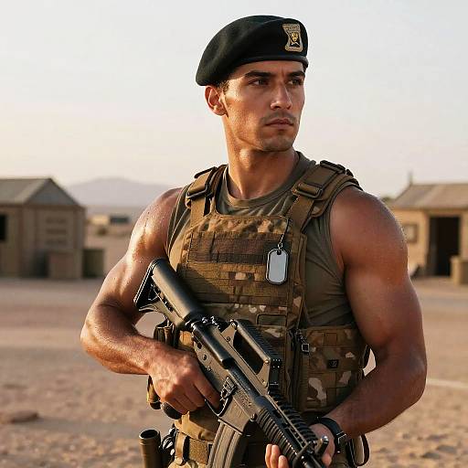 Young Soldier in Tactical Gear Holding Assault Rifle in Desert