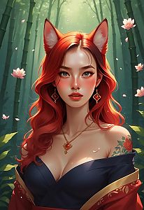 Portrait of a Woman with Red Hair and Fox Ears in Bamboo Forest