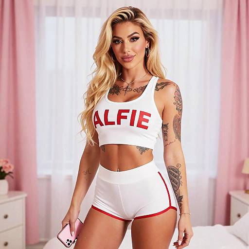 Sporty Woman in White Crop Top and Shorts with Alfie Print