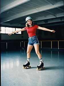 Retro Roller Skating Outfit Woman in Indoor Rink with Helmet