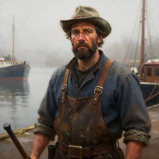 Rugged Fisherman at Misty Harbor in Realistic Painterly Style