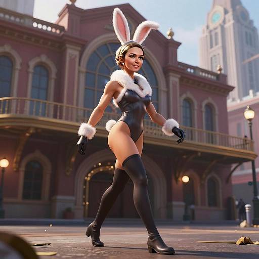 Stylish Woman in Black Bunny Costume Walking in Urban Setting