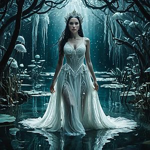 Enchanting Woman in White Gown in Mystical Forest Pond