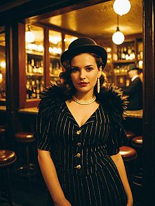 Woman in Speakeasy Costume Photorealistic Portrait in Vintage Bar